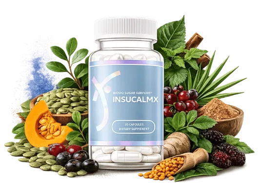 InsuCalmX blood sugar support capsule bottle surrounded by cinnamon, bitter melon, mulberry and other formula ingredients